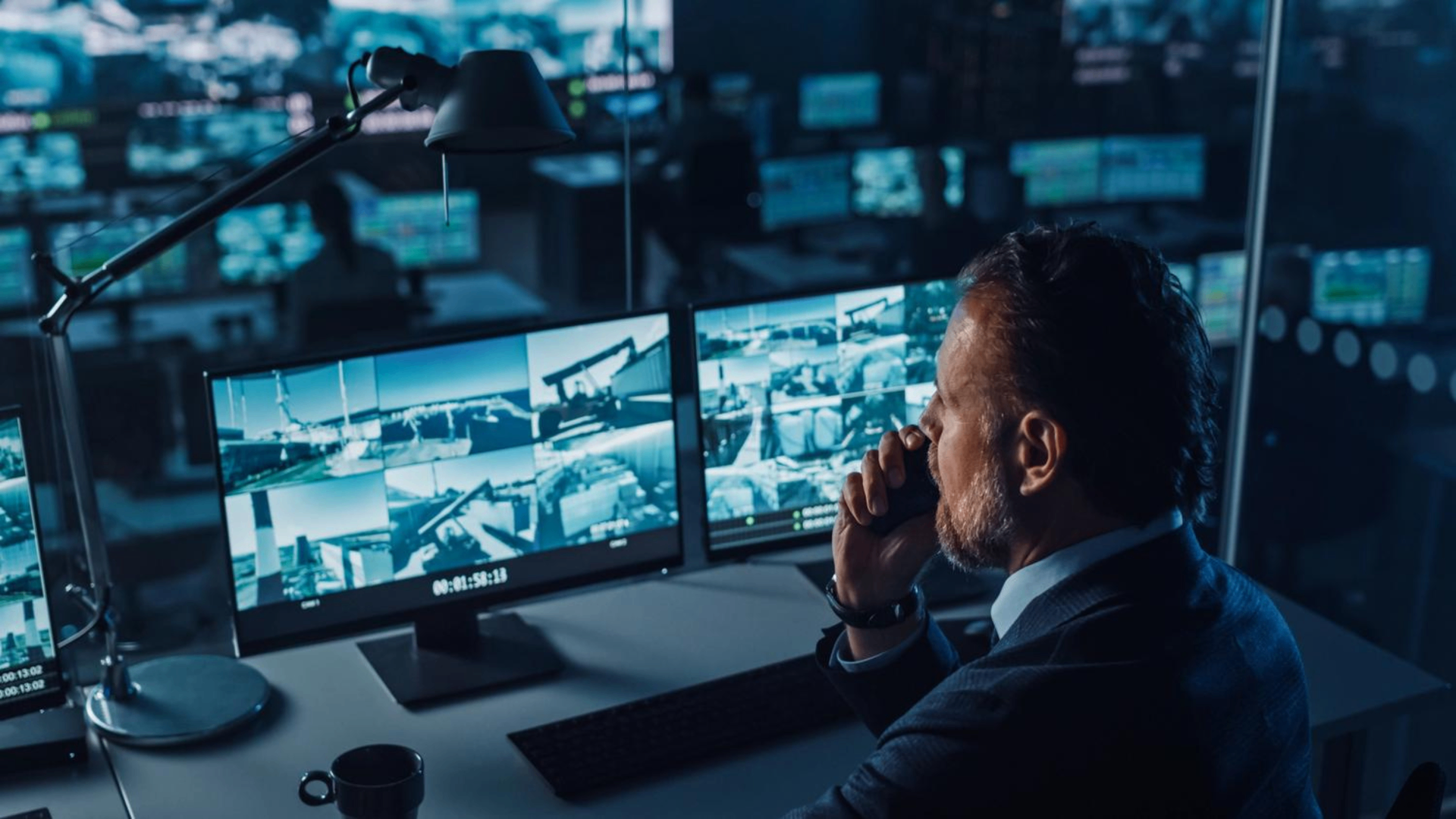 A security operator monitoring multiple camera feeds at night.