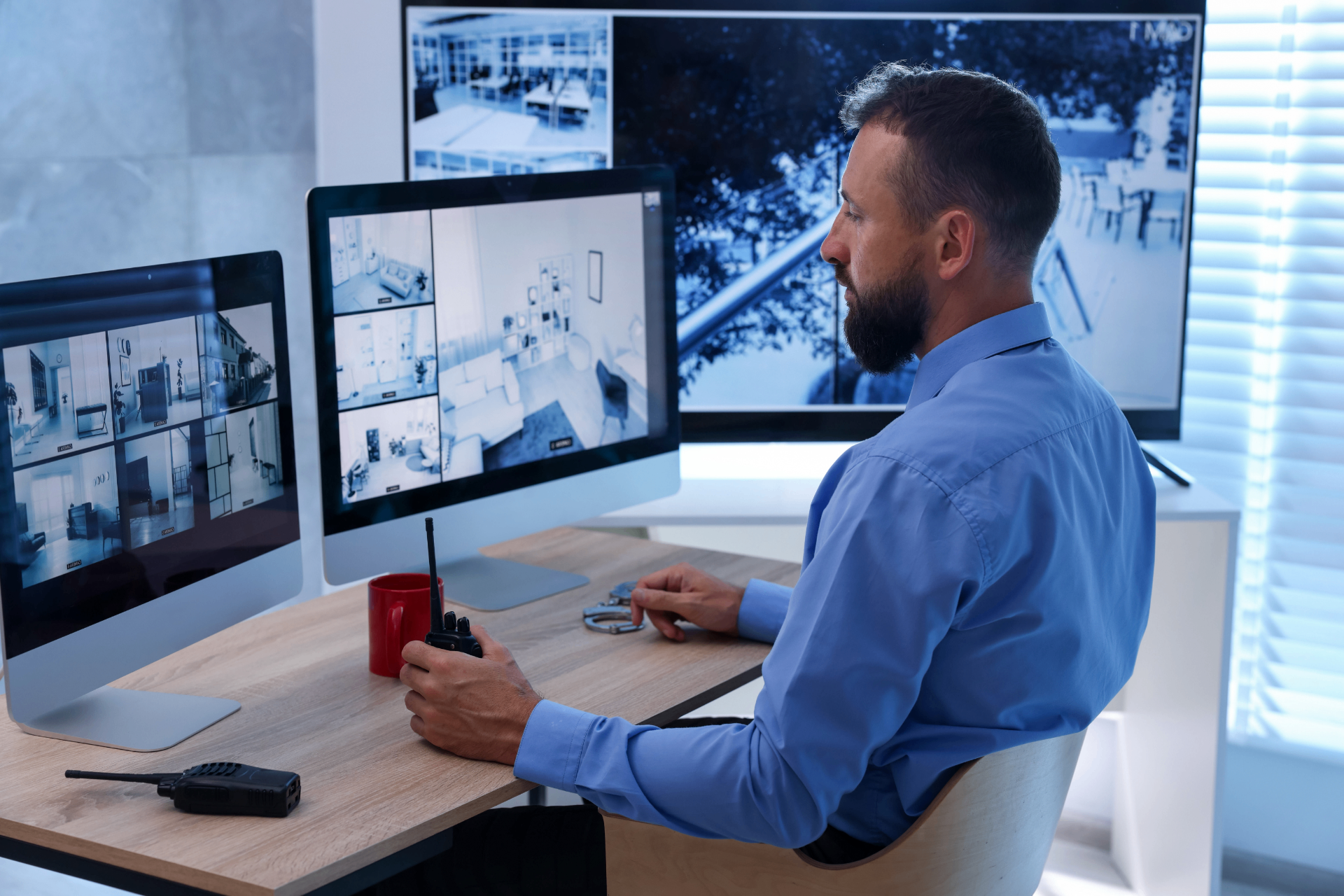 A security professional testing camera feeds on multiple screens.
